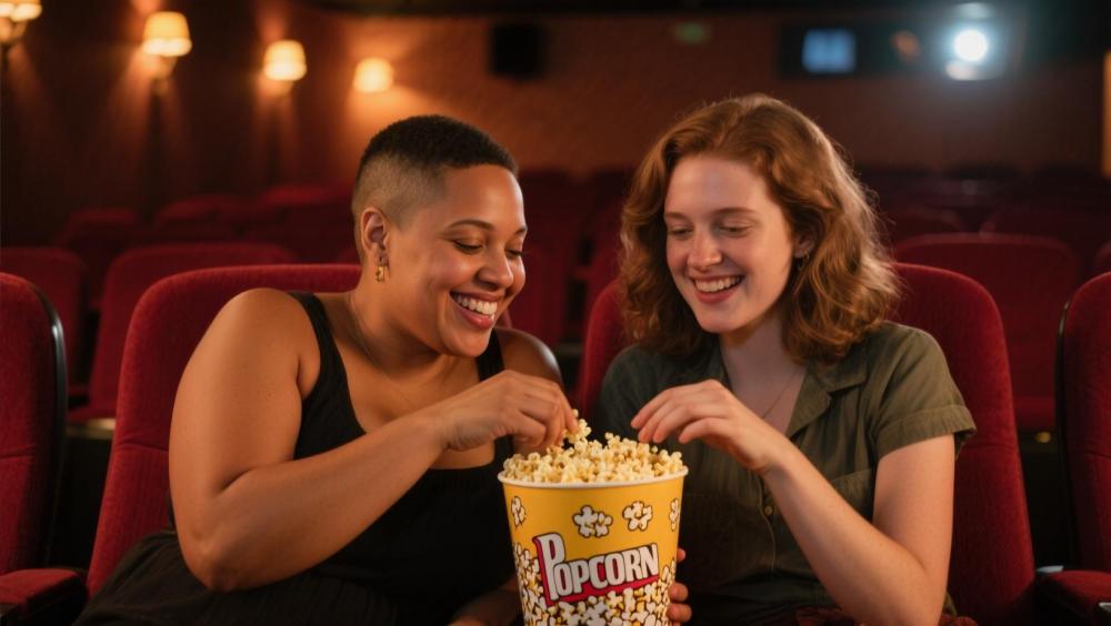 A couple enjoying popcorn together at the cinema.